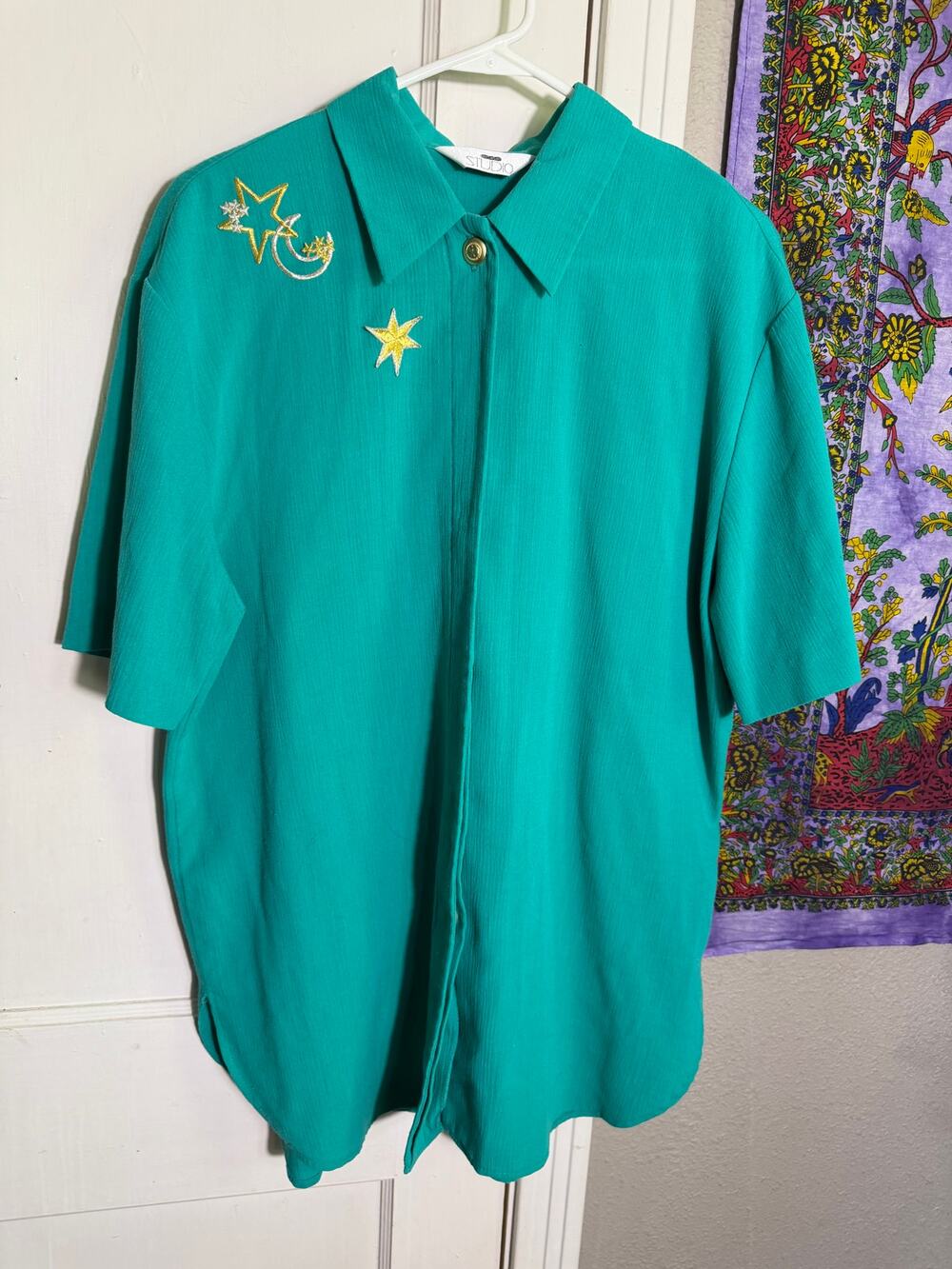 Vintage 80s 90s SGS Studio Teal Tunic Shirt Celestial Stars Oversized